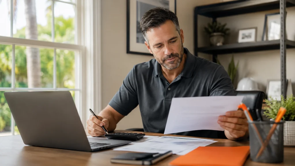 Homeowner reviewing HVAC repair paperwork and laptop, illustrating customer lifetime value in SEO.