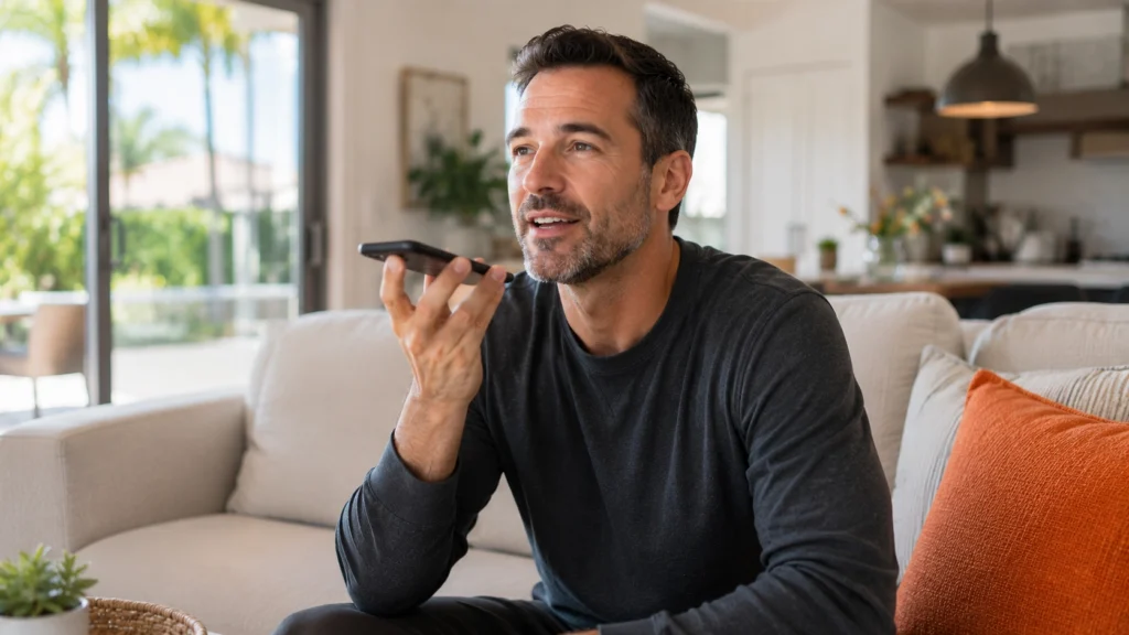 Man using smartphone voice assistant for HVAC search in Tampa home