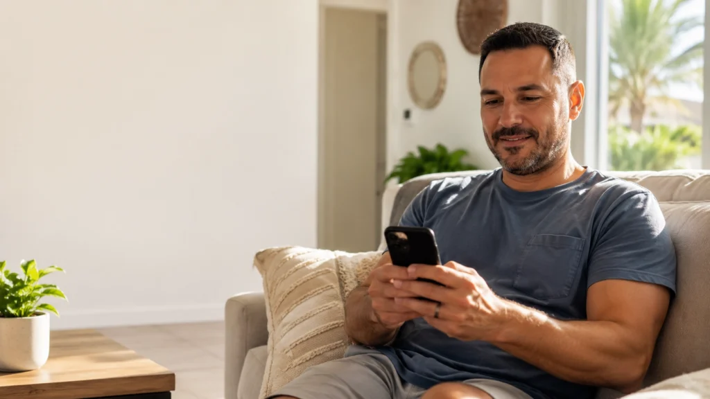 Man using smartphone for local search and home service hiring in Tampa Bay.