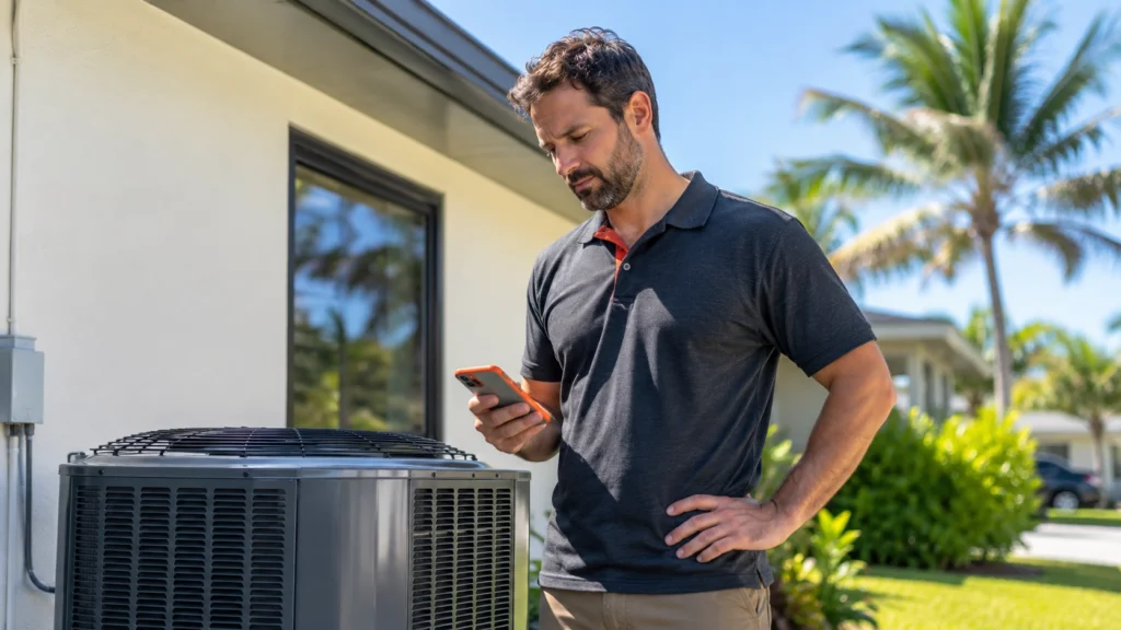 Tampa HVAC contractor examining air conditioner and smartphone for website conversion issues