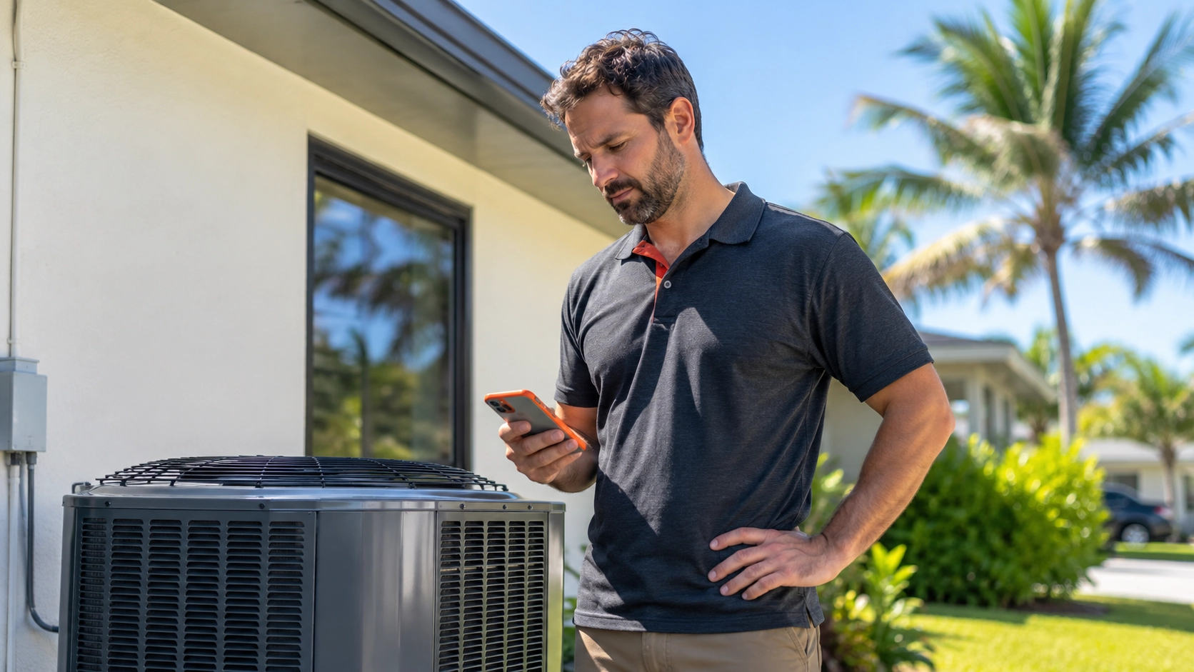 HVAC contractor in Tampa checking smartphone near air conditioning unit