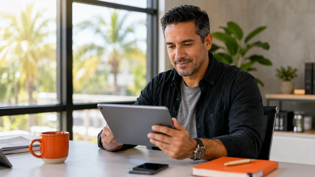 Tampa HVAC owner reviewing SEO metrics on tablet.