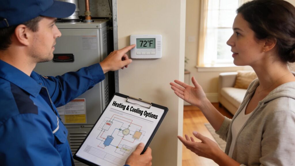 HVAC technician consulting with a homeowner about heating and cooling solutions