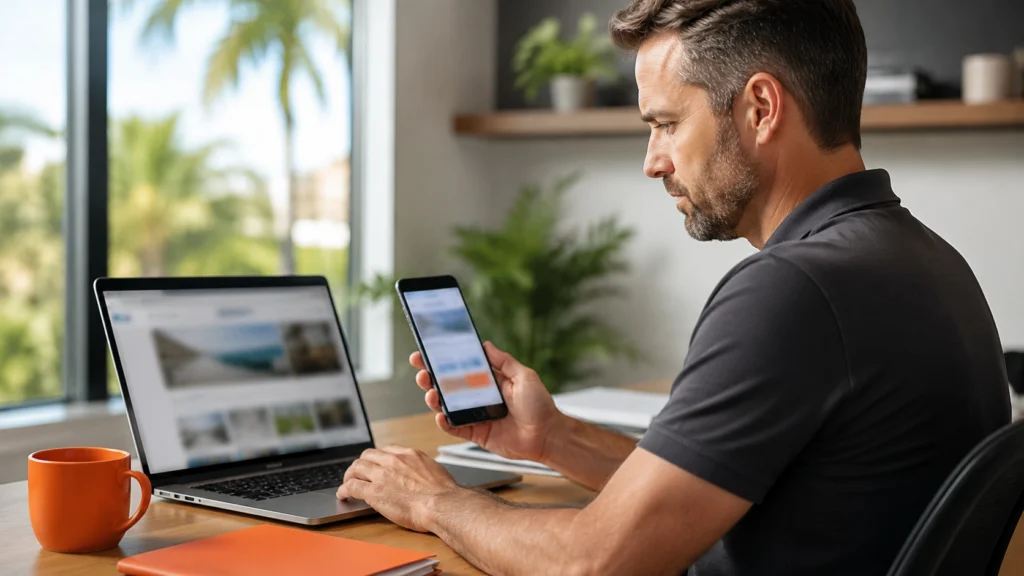 Man reviewing Tampa HVAC website on laptop and smartphone, demonstrating mobile optimization.