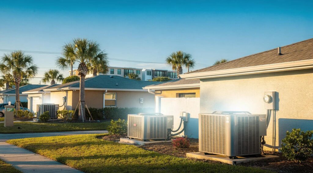 Tampa AC repair business and residential HVAC systems in a Florida neighborhood