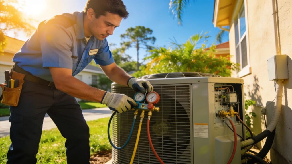 HVAC technician servicing an air conditioning unit, emphasizing local HVAC optimization services in Tampa.