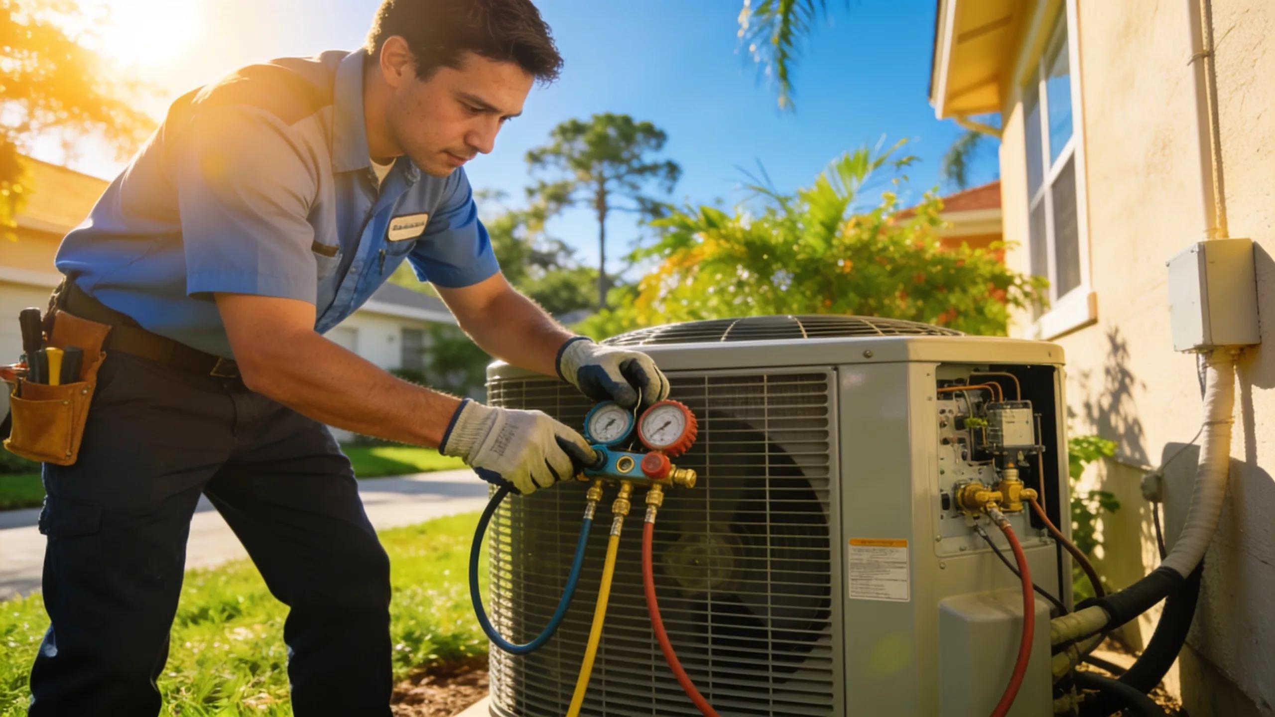 HVAC technician servicing an air conditioning unit, emphasizing local HVAC optimization services in Tampa.