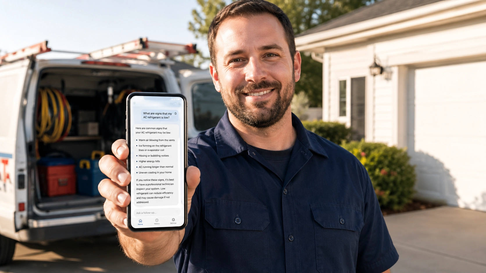 HVAC technician viewing an AI search recommendation for his business on a smartphone