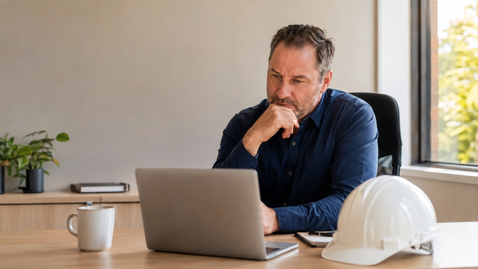 Man considering HVAC marketing options with laptop and hard hat on desk