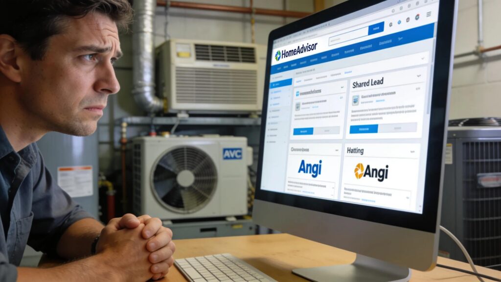 Tampa HVAC contractor frustrated with shared leads displayed on computer screen.