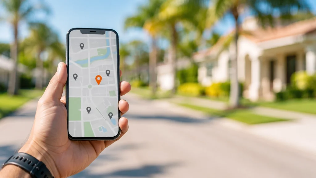 Smartphone displaying map with local HVAC service area and Google Business Profile results in Tampa.