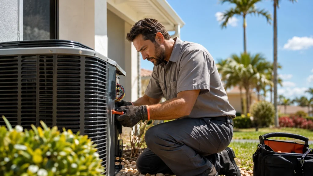 HVAC technician servicing air conditioning unit in Tampa, Florida, illustrating SEO ROI for HVAC contractors.