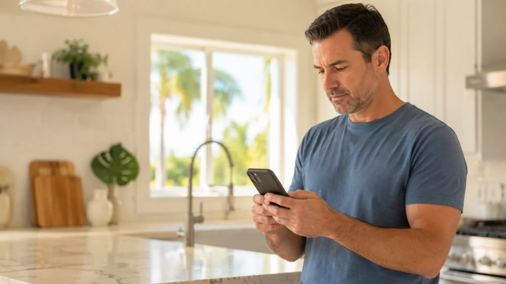 Man looking at phone in kitchen representing HVAC customer searching for local service.