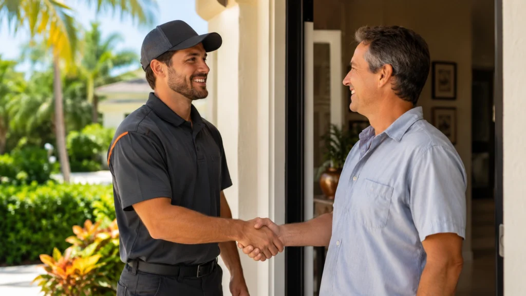 HVAC technician shaking hands with homeowner illustrating lead source tracking and customer lifetime value.