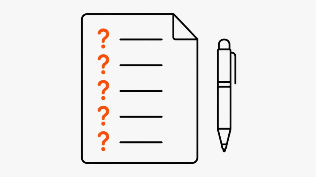 Contract checklist with question marks and pen illustrating pre-signature review for SEO contracts.