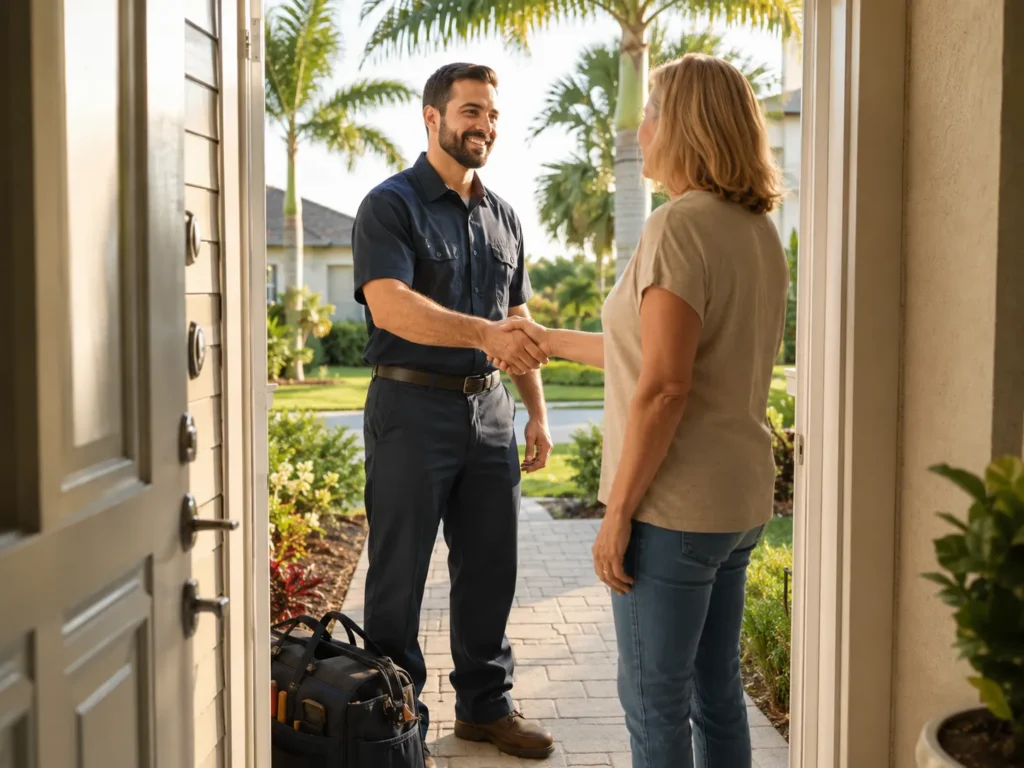 HVAC technician shaking hands with homeowner in Tampa, illustrating booked jobs and service connections.