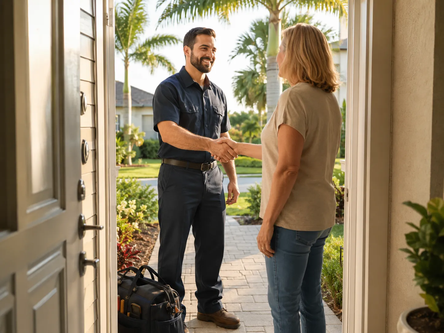 A smiling HVAC technician shaking hands with a homeowner at the front door, illustrating