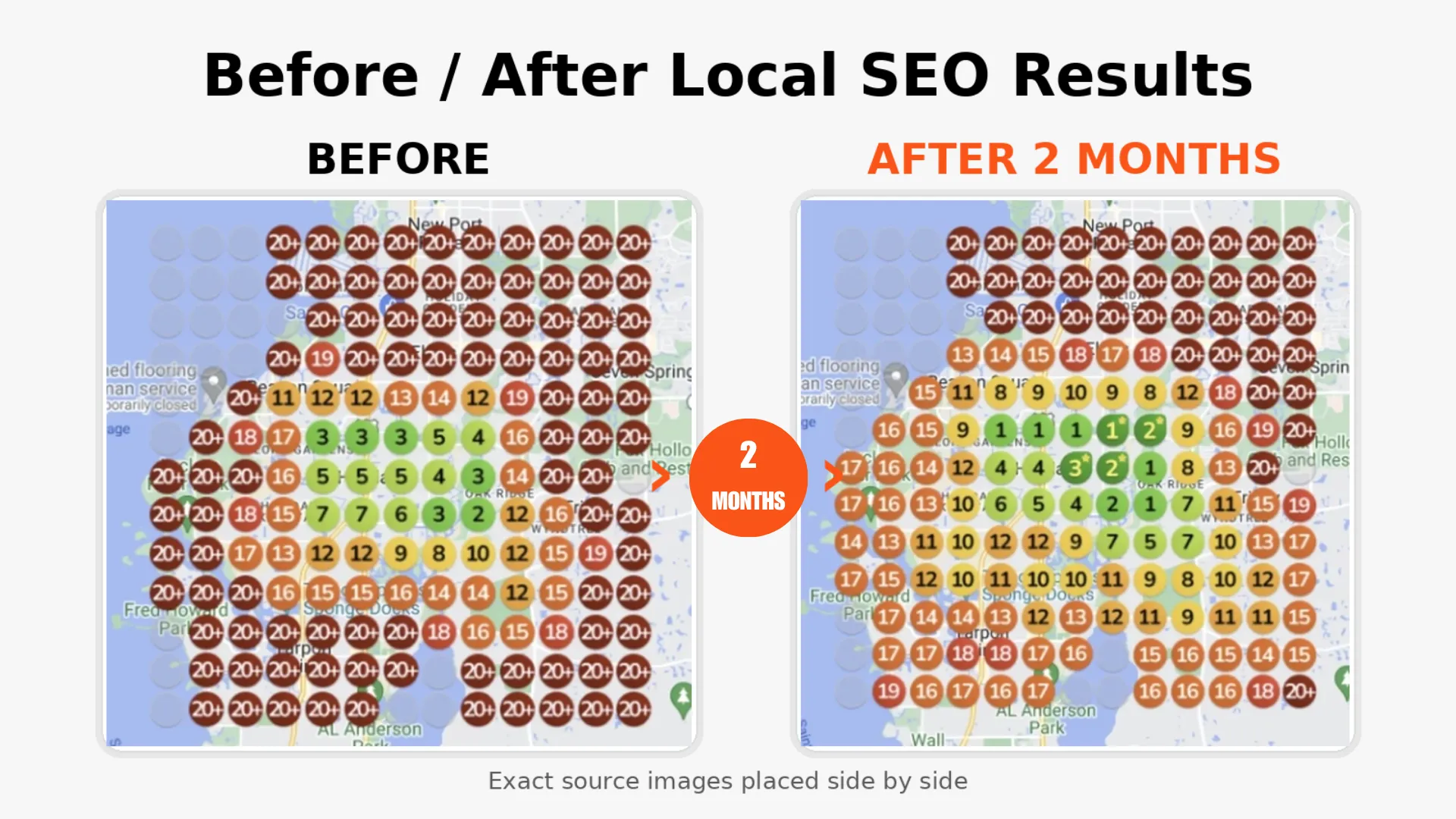 Before and after Google Maps ranking heatmap illustrating local SEO results for a home service client.