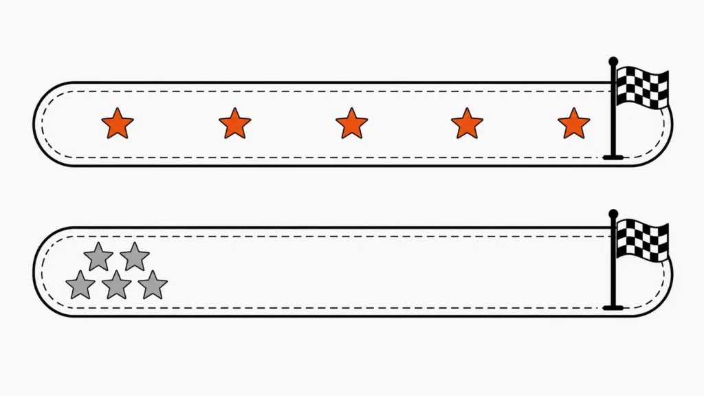 Checkered flag track graphic illustrating SEO performance metrics and upward trends.