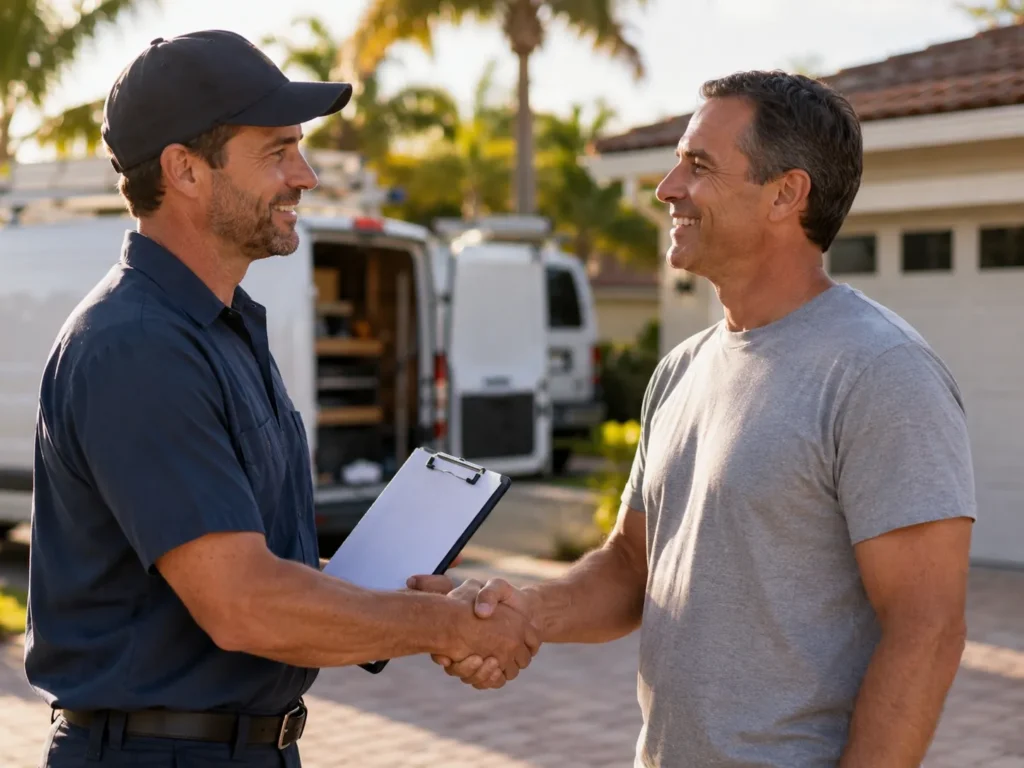 HVAC technician and homeowner shaking hands, illustrating happy customer referrals and service satisfaction.