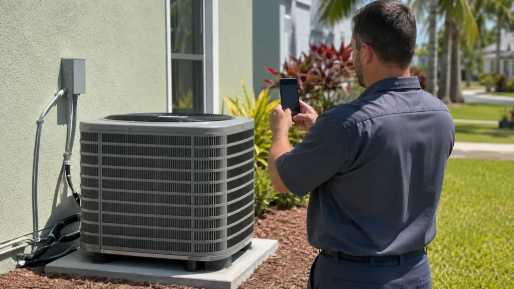 HVAC technician photographing outdoor AC unit for social media content in Tampa Bay.
