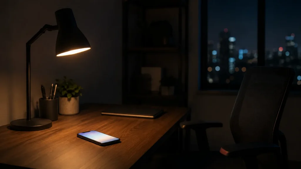 Desk with illuminated smartphone and lamp illustrating 24/7 HVAC lead follow-up automation.