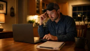 HVAC business owner analyzing SEO heatmap on laptop, tracking service area rankings.