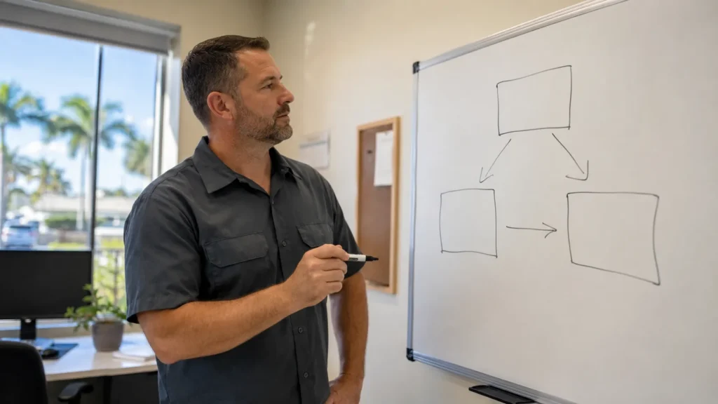 Man presenting digital marketing strategy diagram on whiteboard for HVAC businesses.
