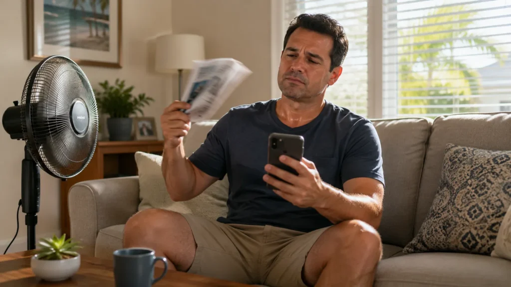 Man using smartphone while reviewing a newspaper, illustrating homeowner experience for HVAC website audit.