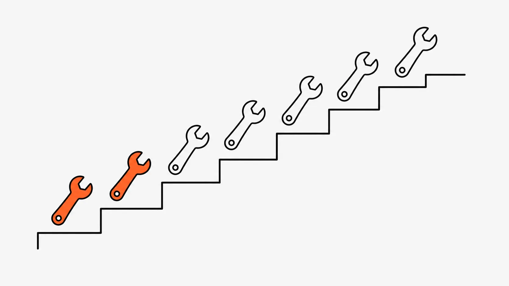 Illustration of a staircase with wrenches, one orange and the rest white, representing incremental website