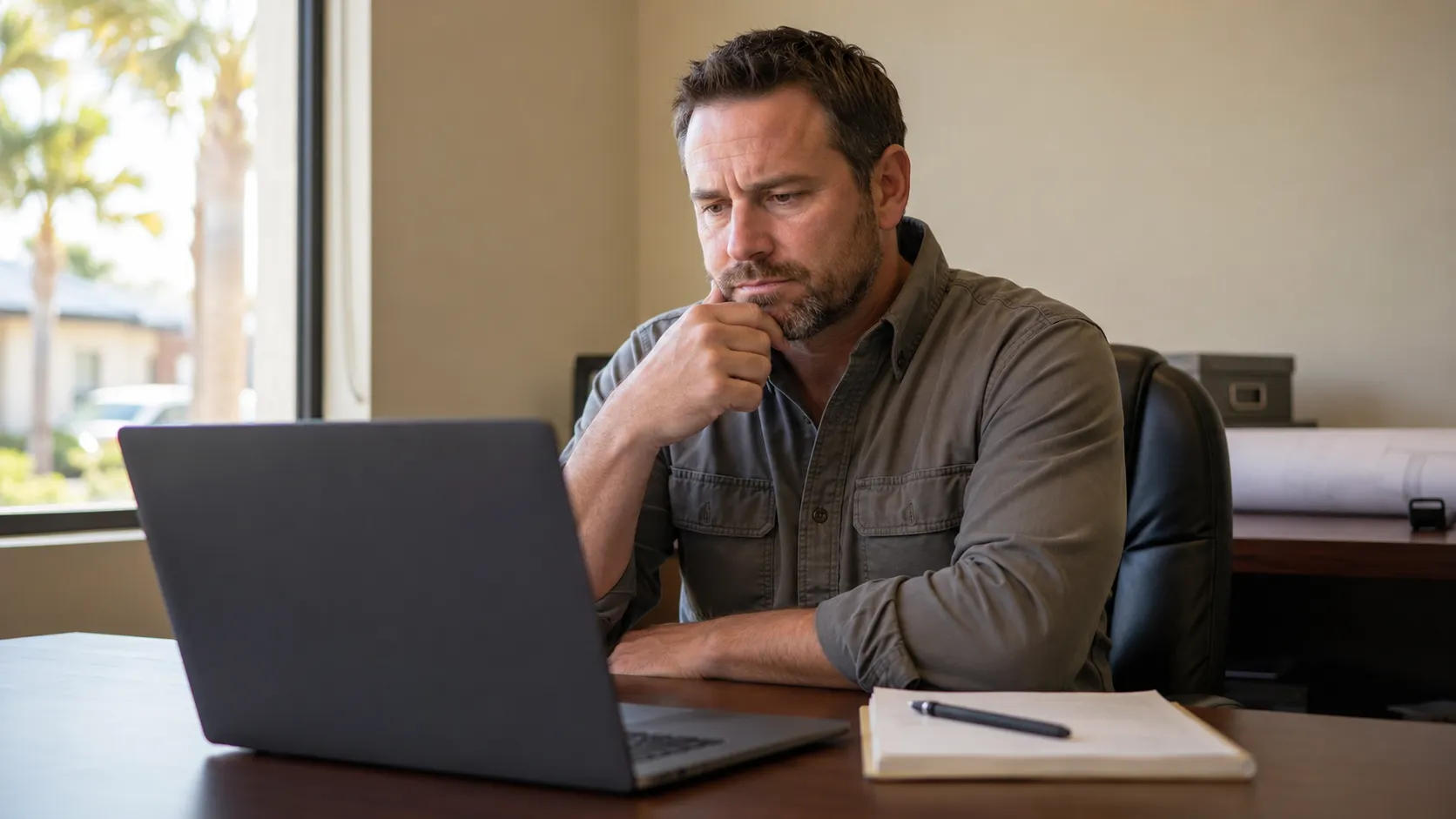 Joe Susaña, Lightning Leads Pro founder, evaluating AI SEO software for HVAC contractors on laptop.