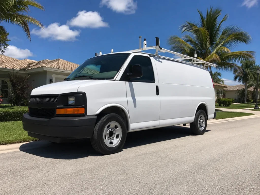HVAC van with roof rack parked in Tampa Bay neighborhood for local marketing.
