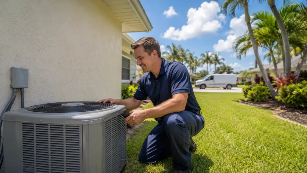 HVAC technician servicing air conditioner in Tampa Bay home, local SEO for HVAC companies
