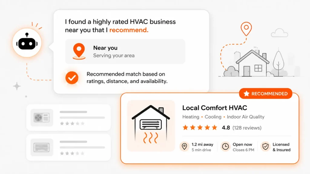 AI-recommended HVAC business listing with ratings, location, and service area for Tampa Bay homeowners.
