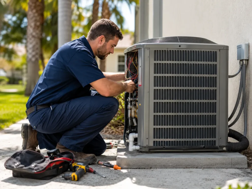 HVAC technician servicing air conditioner unit in Tampa, Florida, illustrating lead generation for HVAC contractors.