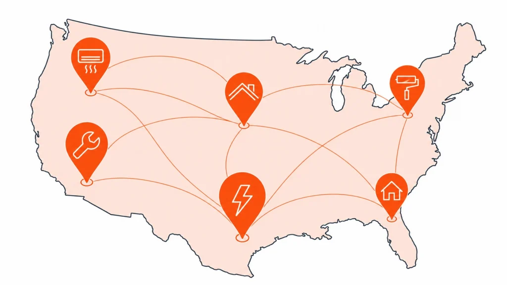US map highlighting HVAC, plumbing, and roofing service areas for contractor SEO and lead generation across the United States.