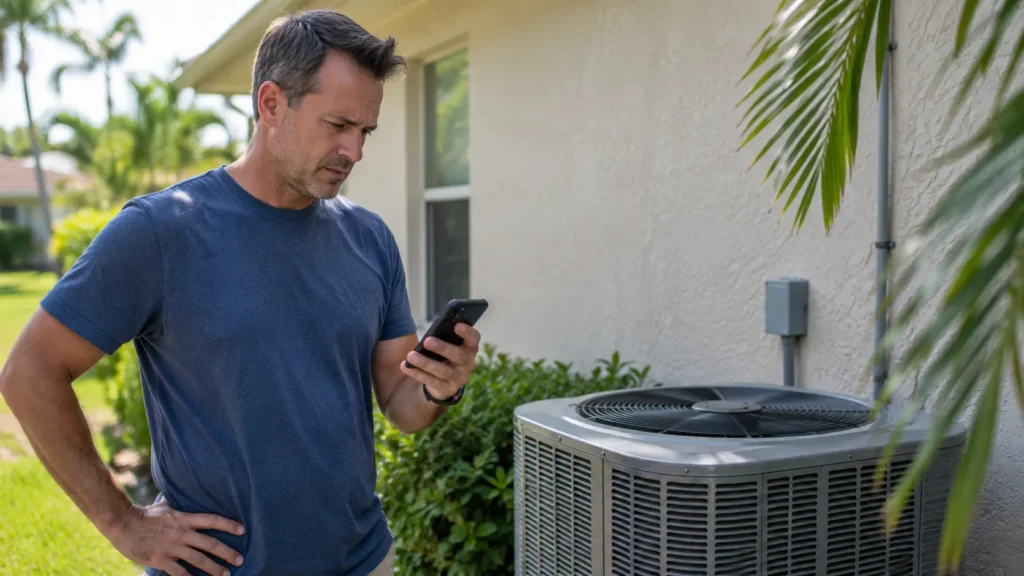 Man examining HVAC system and smartphone for Tampa Bay SEO lead generation.
