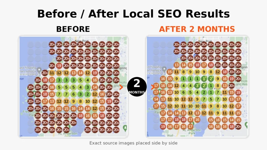 HVAC client ranking results before and after two months of Tampa SEO improvements on Google Maps.