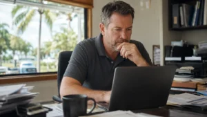 HVAC business owner analyzing search rankings on laptop, tracking local SEO performance