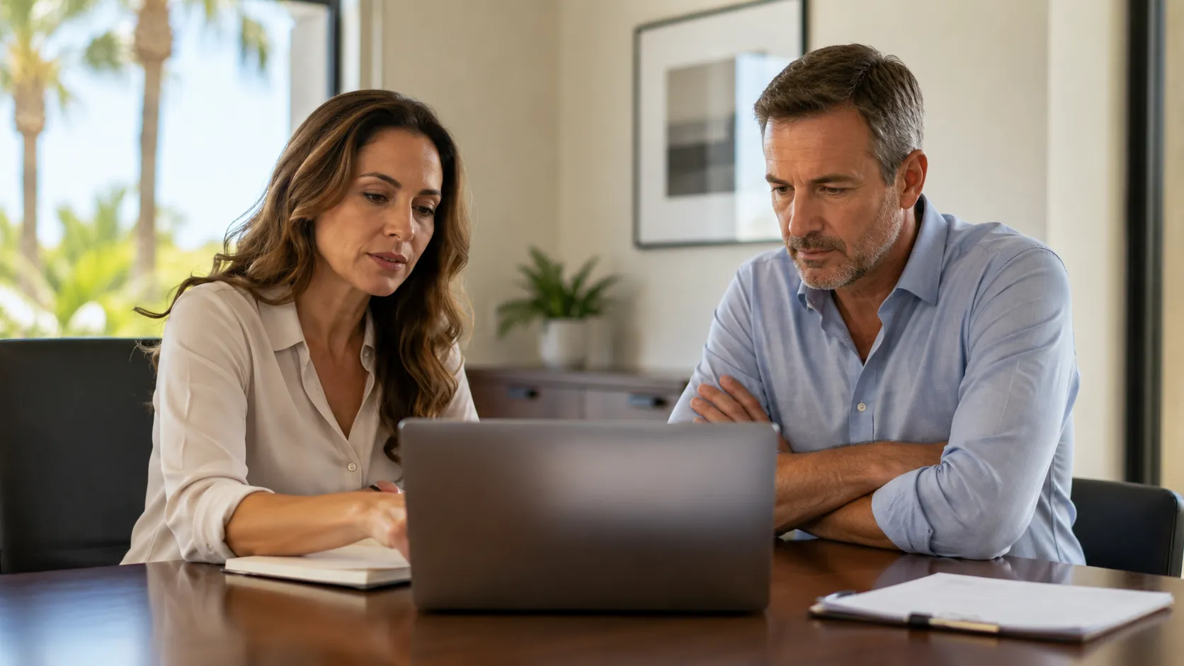Couple reviewing laptop screen discussing HVAC customer review management solutions.