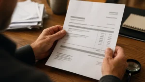 HVAC SEO costs and pricing analysis with magnifying glass examining invoice.