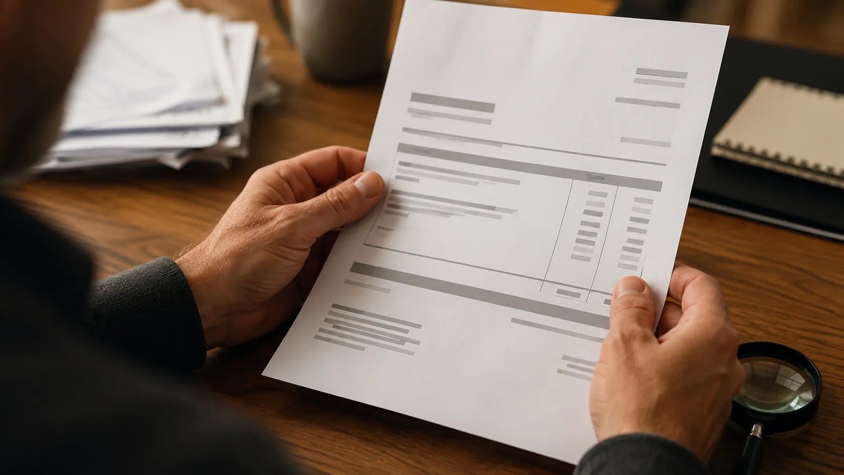 Man examining SEO contract with magnifying glass, reviewing local SEO costs and hidden fees.