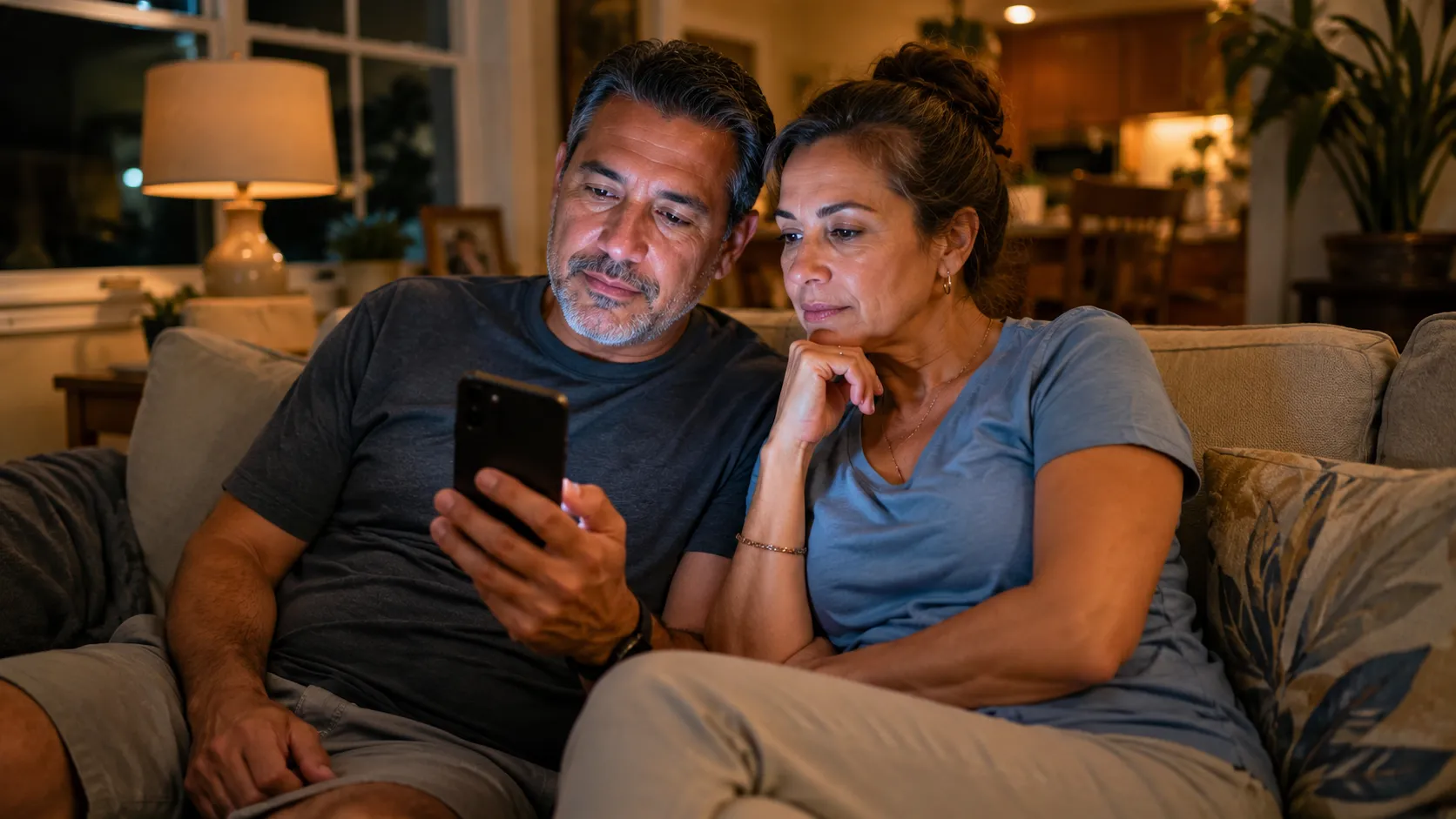 Couple sitting together on a couch, looking at a smartphone, illustrating the importance of customer