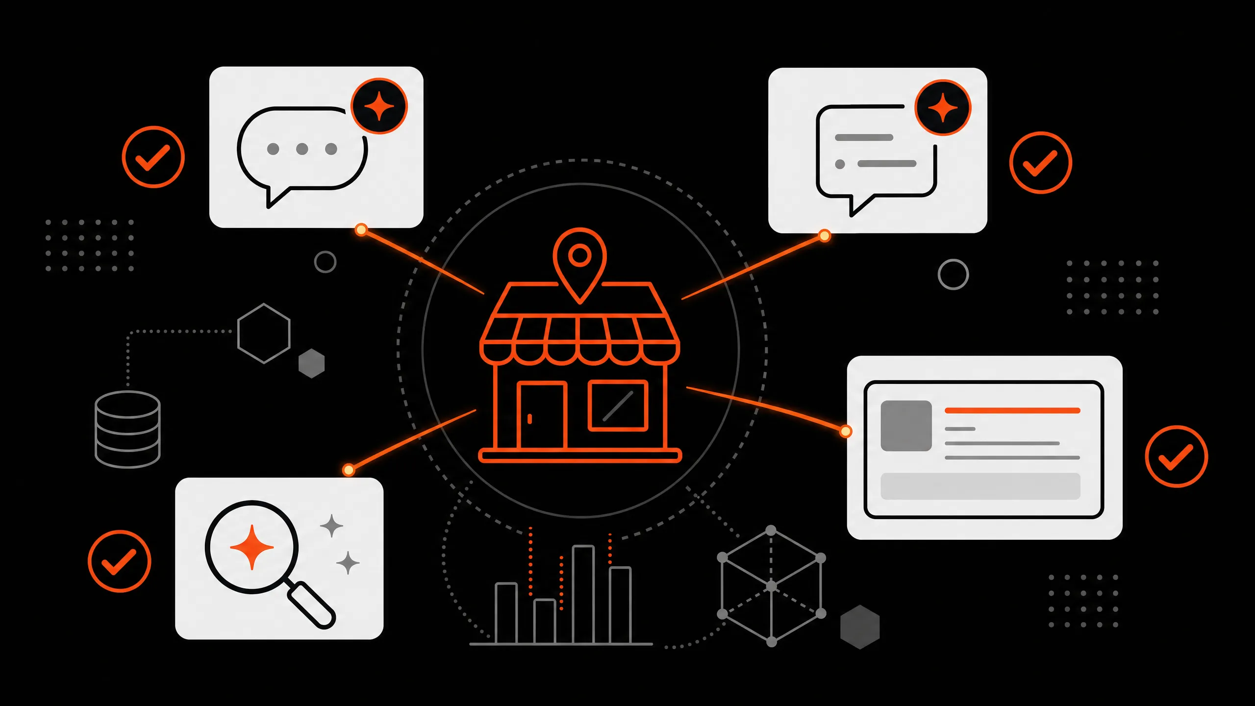 Graphic illustrating a local business with interconnected elements representing customer reviews, search visibility, and data