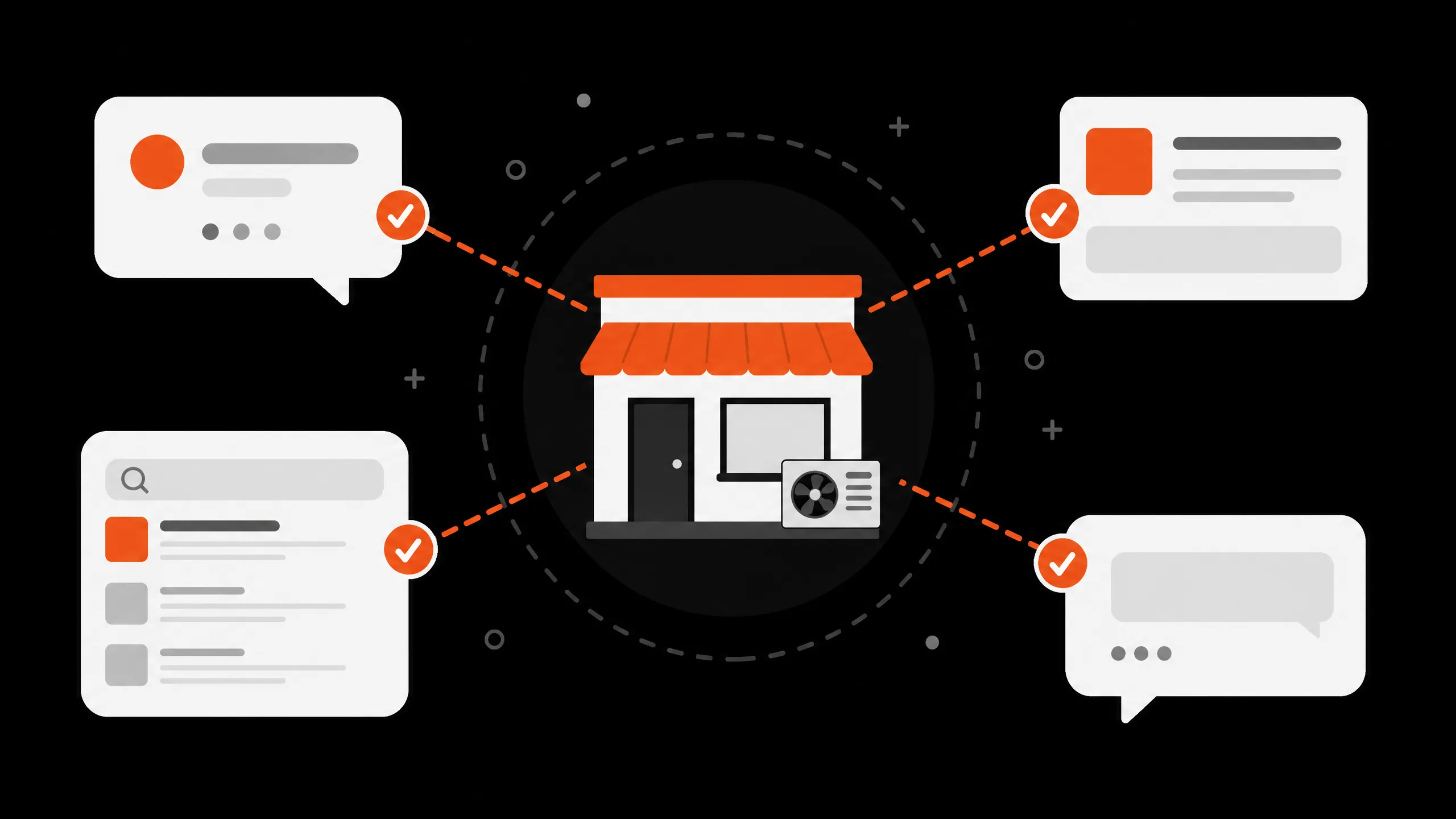 Illustration showing a local business at the center, connected by dotted lines to AI platforms