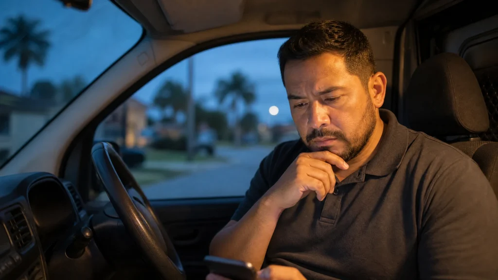 Concerned contractor in car checking phone, missing AI SEO opportunities in Tampa Bay.