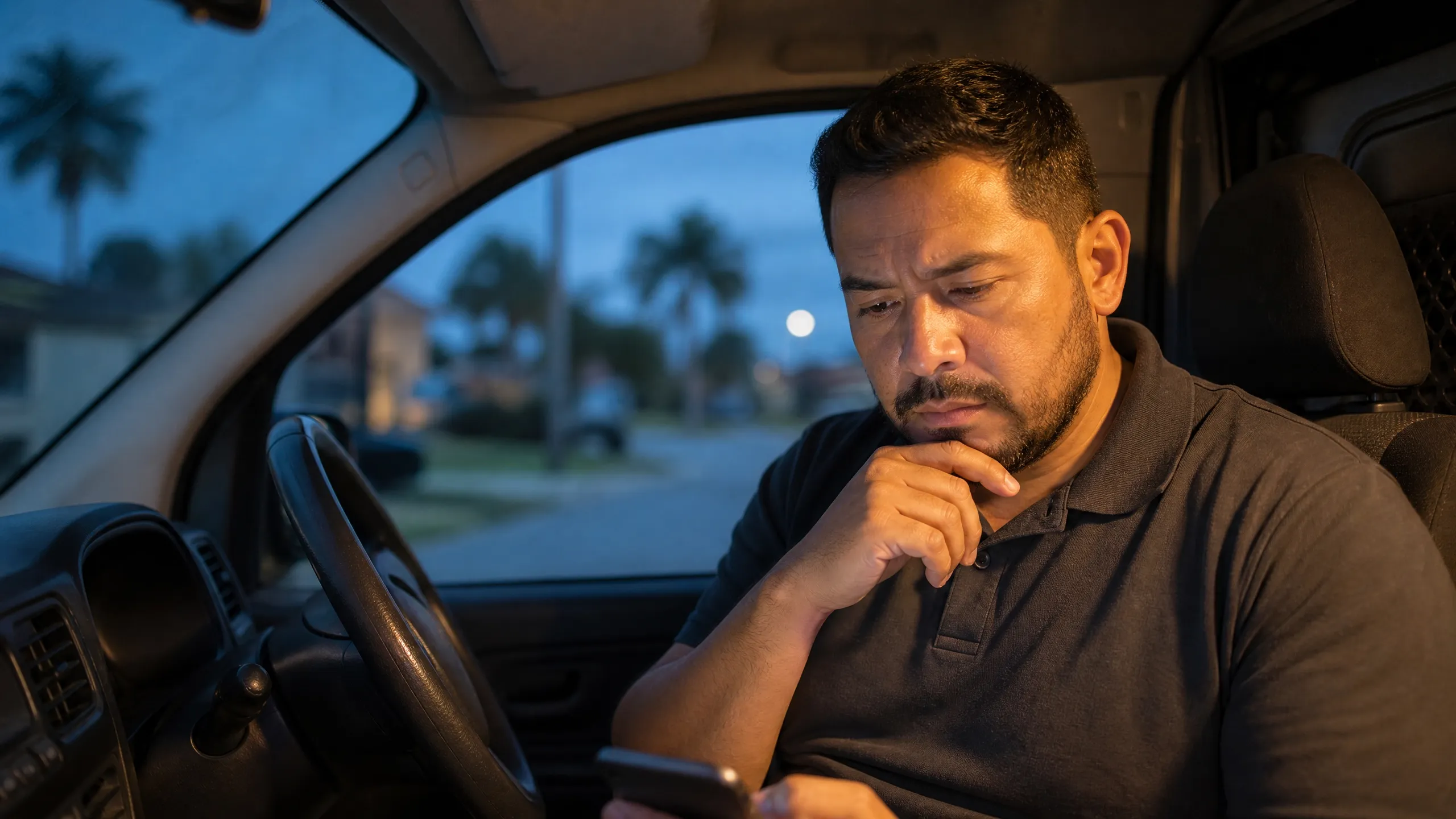 Contractor in vehicle reviewing leads on smartphone, illustrating AI SEO challenges for home service businesses.