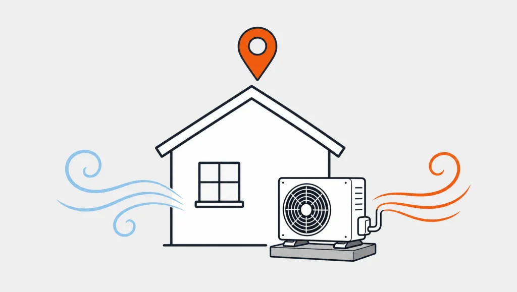 Ilustraci&oacute;n de una casa con una unidad exterior de aire acondicionado y un marcador de ubicaci&oacute;n en el mapa
