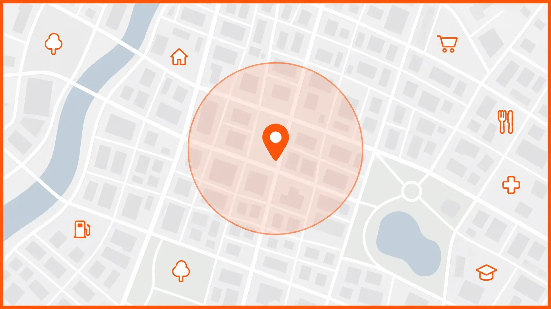 Gráfico plano de un mapa con un pin y un círculo de área de servicio para un negocio de servicios para el hogar.