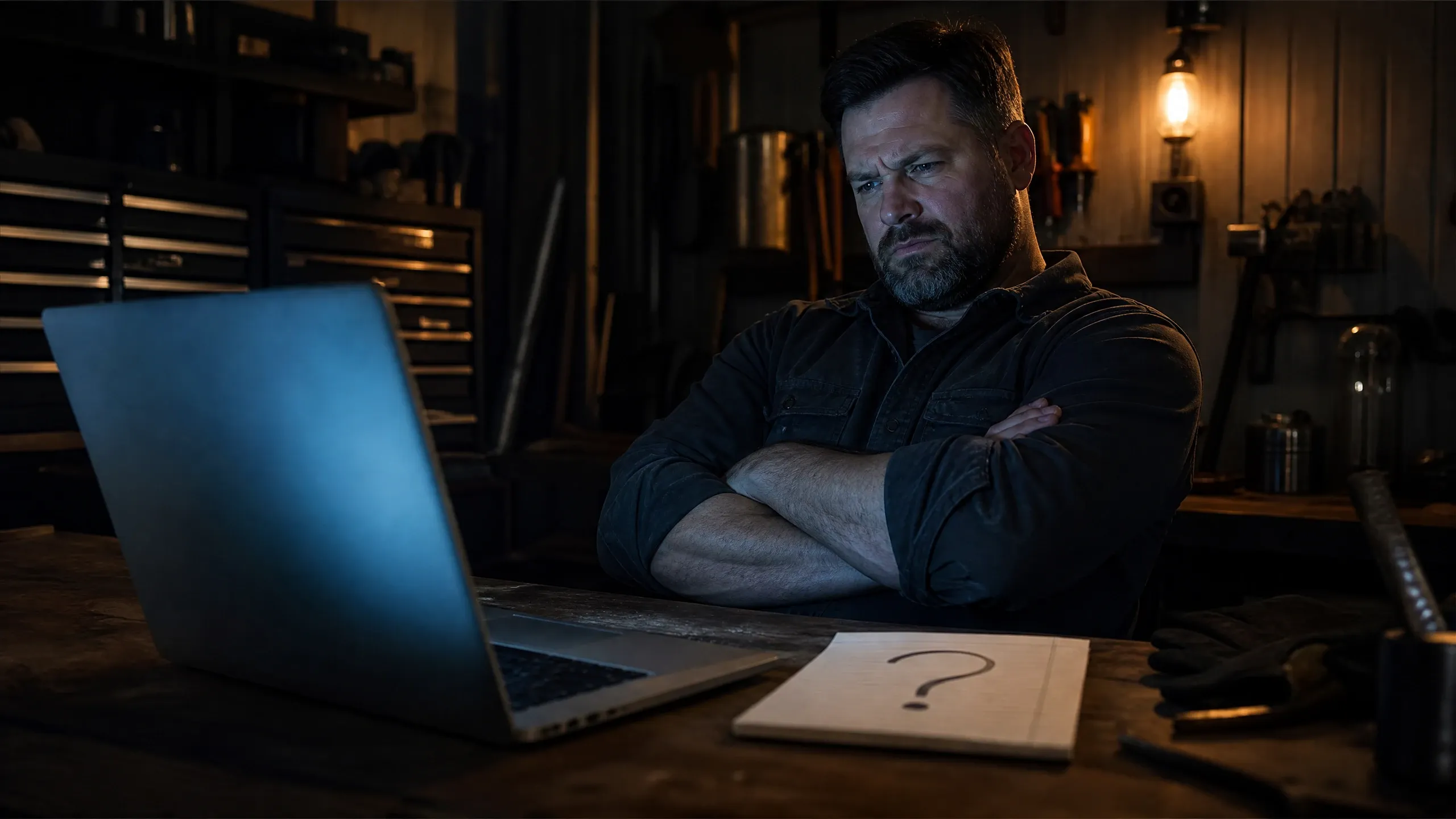 Home service contractor thoughtfully considering local SEO tools and software options on a laptop